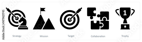 A set of 5 business icons as strategy, mission, target