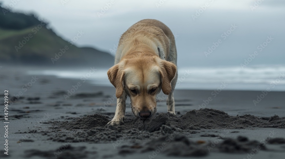Golden Labrador Digging in Dark Sand on a Beach Golden Labrador Digging in Dark Sand on a Beach