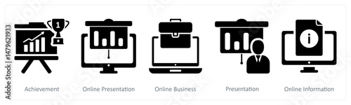 A set of 5 business icons as achievement, online presentation, online business