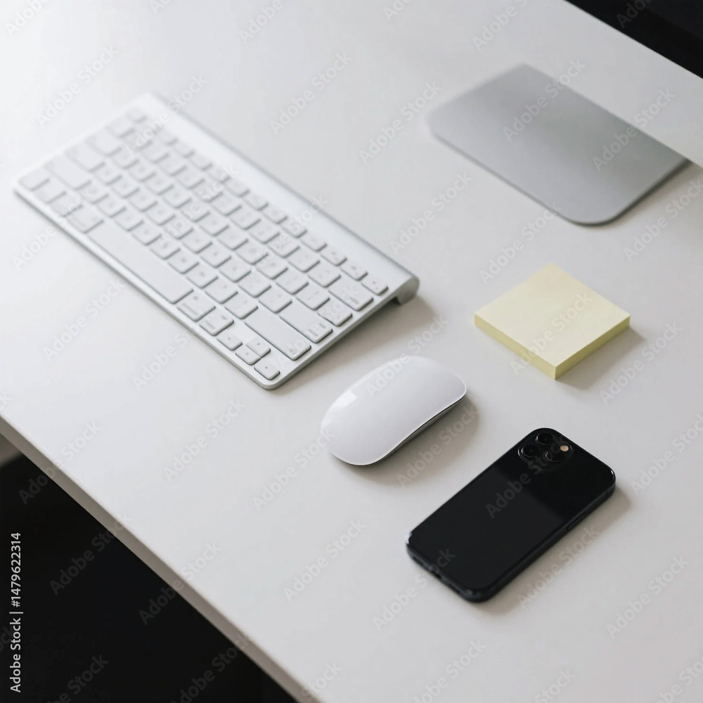 Top-down view of a tidy office workspace with keyboard, wireless mouse, smartphone, and sticky notes Top-down view of a tidy office workspace with keyboard, wireless mouse, smartphone, and sticky notes