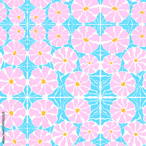 Linocut-style flower and leaf vector seamless pattern with a retro groovy look. Boho Vector Doodle for packaging, textile patterns, and creative DIY design sets