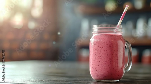 A fresh marionberry smoothie in a mason jar with a straw