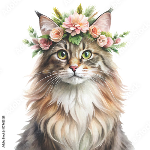 Cute cat wearing a flower crown clipart watercolor , white background 