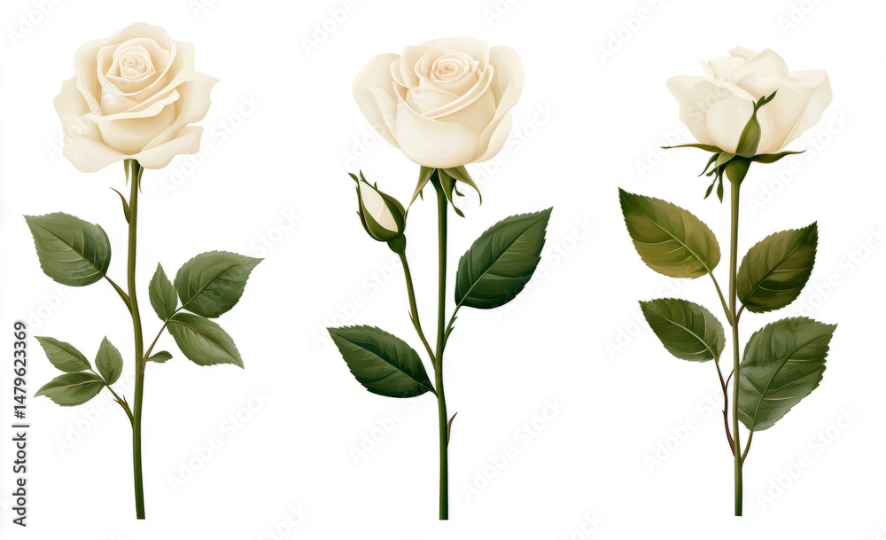 Fototapeta premium Set of three white roses isolated on a transparent background, PNG 