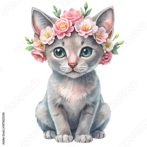 Cute cat wearing a flower crown clipart watercolor , white background 