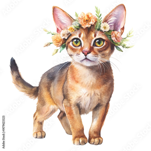 Cute cat wearing a flower crown clipart watercolor , white background 