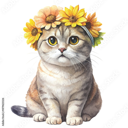 Cute cat wearing a flower crown clipart watercolor , white background 