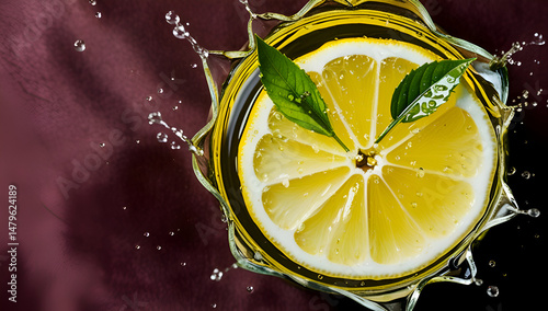 Close-up of lemon slices and green tea leaves in a dynamic water splash, isolated on a black background with copy space — summer lemonade concept
