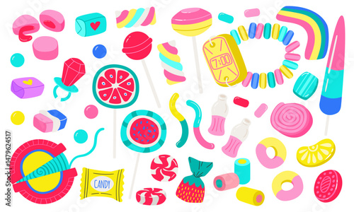 Colourful flat illustration of popular 90s sweets and candies. Includes lollipops, gummy worms, candy rings, bubble gum, candy watch, and other nostalgic treats on white background.