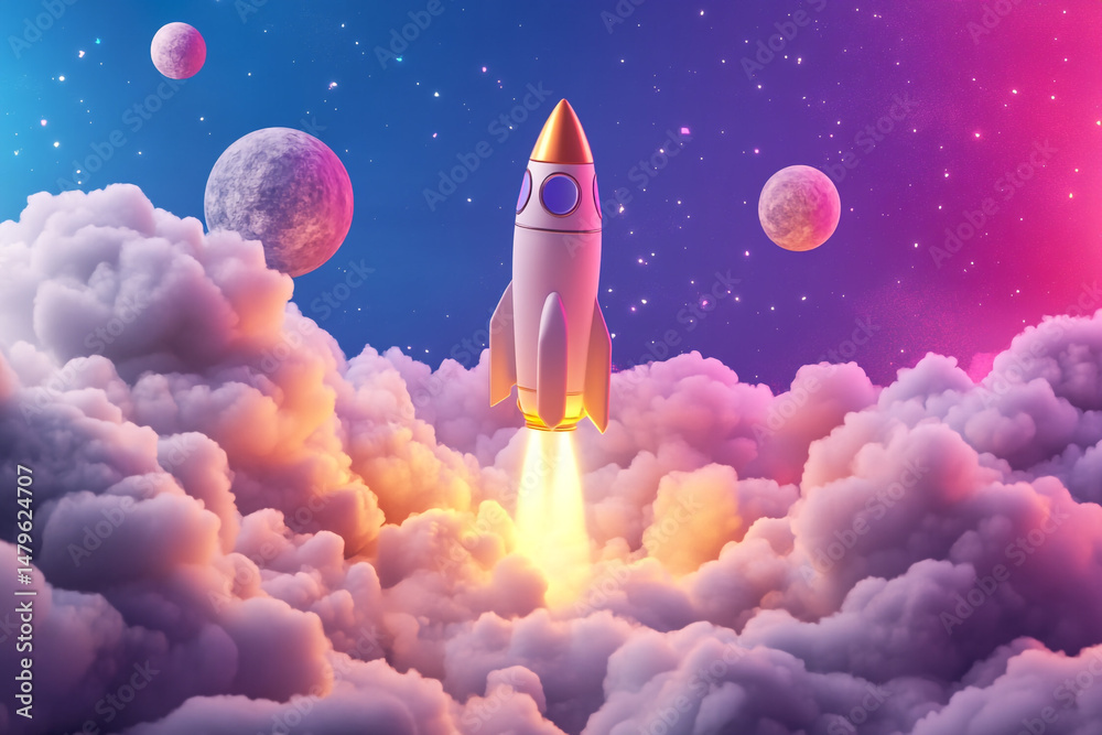 Obraz premium Rocket launching through pastel clouds and planets in space