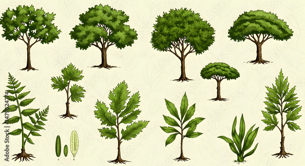Obraz premium Various Trees and Plants Illustration Detailed Green Foliage