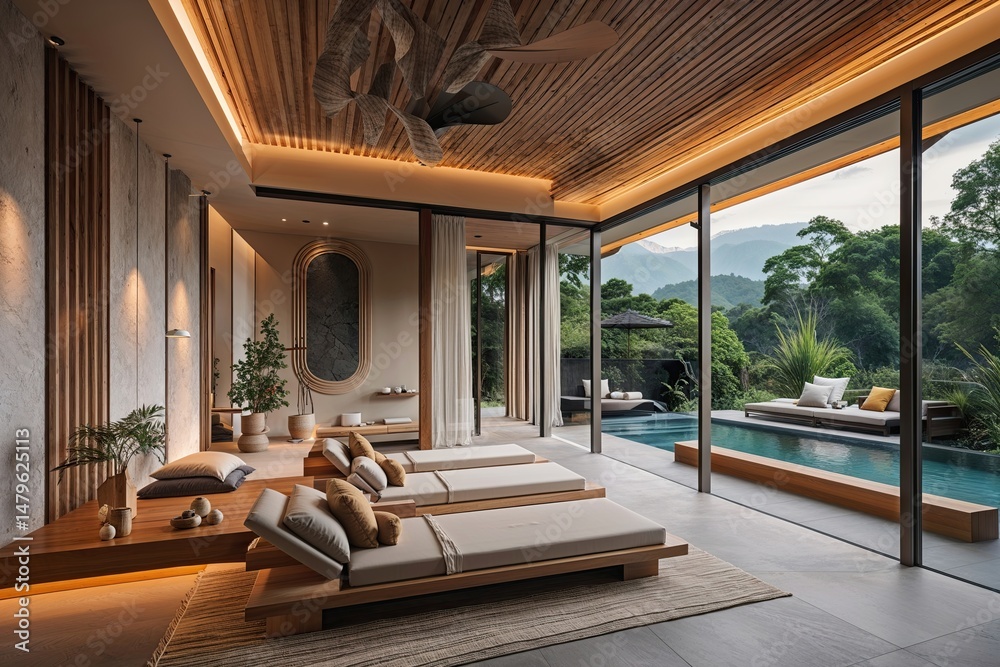 Fototapeta premium Expansive Contemporary Health Retreat Featuring Calm Atmosphere and Cutting-Edge Design