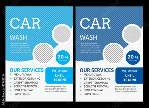 Car wash flyer it color is a blue and sky  Car wash flyer design, professional car service brochure design, car service, repair, garage, foam, clean  automobile, drive, engine, a4 print ready template