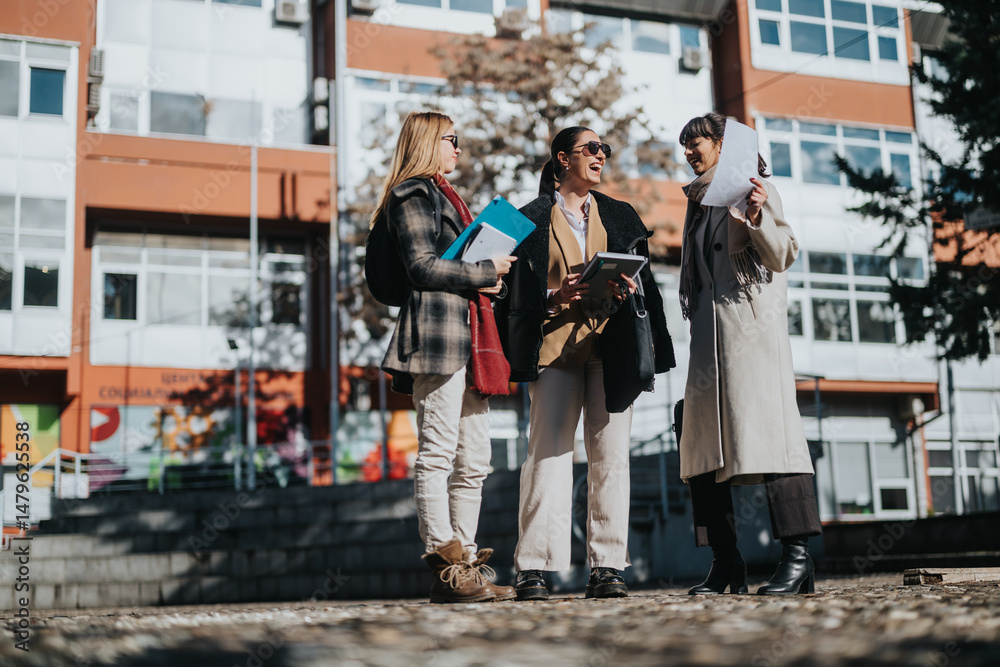 Obraz premium Three businesswomen engaged in a conversation outside a modern office building, sharing documents.