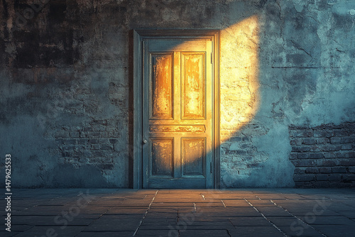 Old wooden door in a grunge wall lit by sunlight mystery and hope