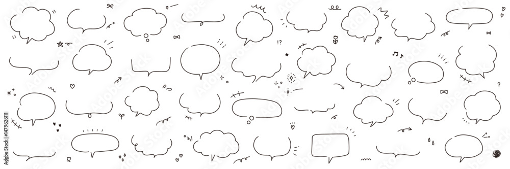 Obraz premium 手書き風のシンプルな吹き出しのベクターイラストセット。ふきだし、フレーム、おしゃれ、落書き