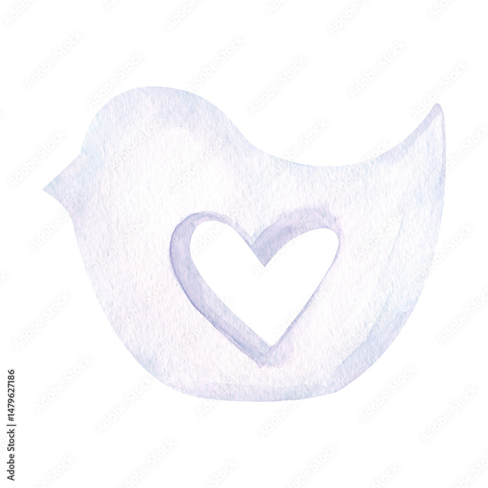 Fototapeta premium White ceramic stylized bird hand-painted on a white background. Watercolor illustration of a bird figurine with a heart inside. Isolated. Home decor. A clipart for decorating the Easter holiday.
