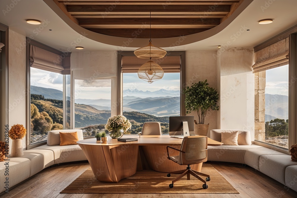 Fototapeta premium Chic Workspace Design with Soft Edges and Warm Vibe in a Scenic Landscape