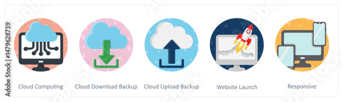 A set of 5 mix icons as cloud computing, cloud download backup, cloud upload backup