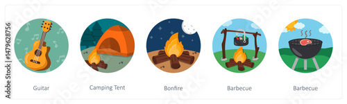 A set of 5 mix icons as guitar, camping tent, bonfire