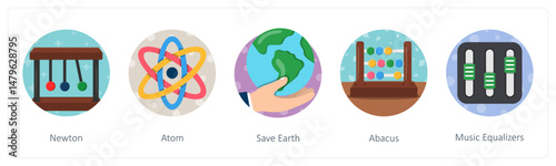 A set of 5 mix icons as newton, atom, save earth