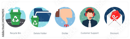 A set of 5 mix icons as recycle  bin, delete folder, dislike