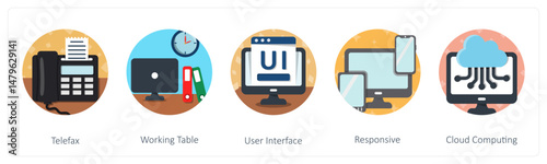 A set of 5 mix icons as telefax, working table, user interface
