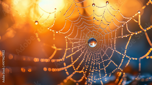 Spiderweb with Dewdrops in Sunlight