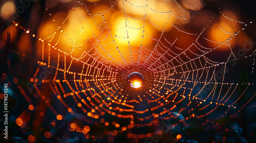 Spiderweb illuminated by morning sunlight with dewdrops.