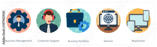 A set of 5 mix icons as business management, customer support, business portfolio