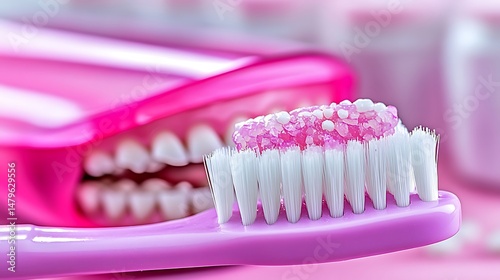 Pink toothbrush with candy-like toothpaste photo