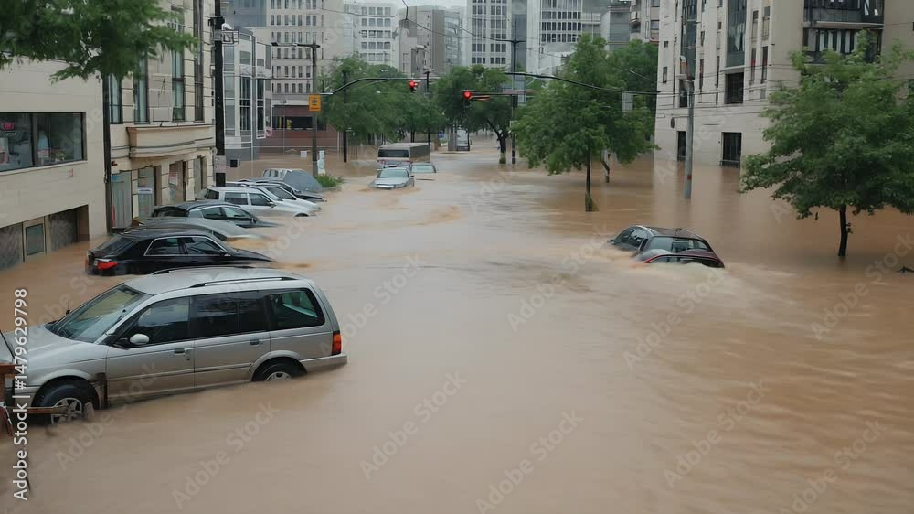 City Street Submerged in Floodwaters, Severe Urban Flooding City Street Submerged in Floodwaters, Severe Urban Flooding