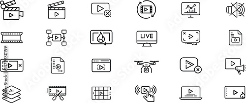 Line art vector set of video outline, cinema, media, film, play, watching and more icon collections.