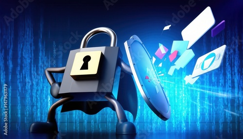 Digital Security Concept with Lock and Shield Representing Data Protection and Privacy Measures