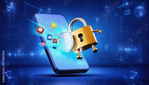 Digital Security Concept with Smartphone, Padlock, and Application Icons on Blue Background