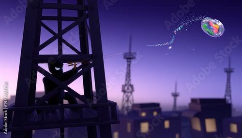 Silhouette of a Stealthy Figure Launching Colorful Object from Urban Rooftop at Dusk