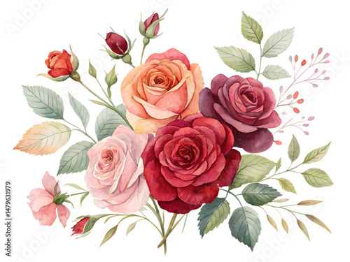 Watercolor Rose Bouquet Isolated on Transparent Background