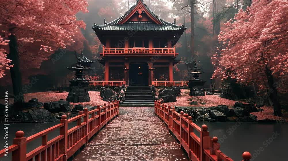 Traditional Japanese temple with red bridge and cherry blossoms.