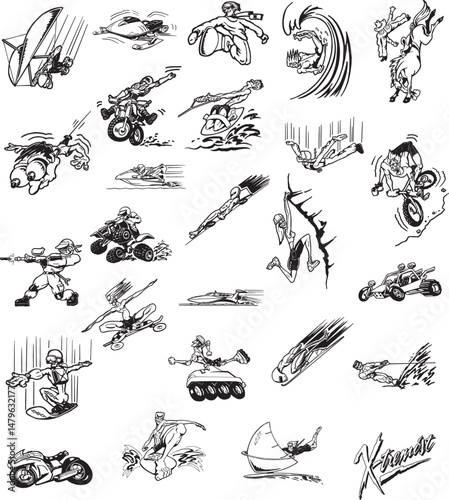 set of motorcycle and motorcycle elements. vector illustration, a collection of various cartoon characters and vehicles