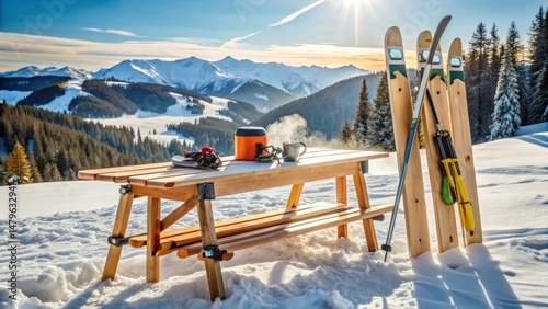 A scenic wooden picnic table rests in the snow, overlooking a breathtaking mountain range at sunrise, with skis and trekking poles leaning nearby, suggesting a peaceful winter adventure.