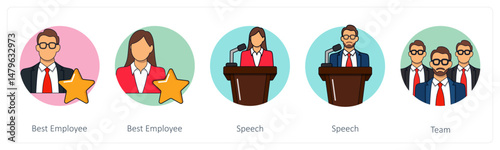 A set of 5 business icons as best employee, speech, team