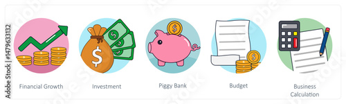 A set of 5 business icons as financial growth, investment, piggy bank