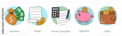 A set of 5 business icons as investment, budget, business calculation