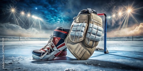 Goalie equipment rests beside the net on an ice rink under stadium lights
