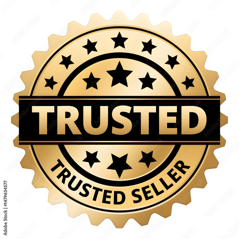 Obraz premium Gold Trusted Seller Badge with Stars. Verified Quality Seal Icon for Online Stores, Ecommerce, and Marketing Use