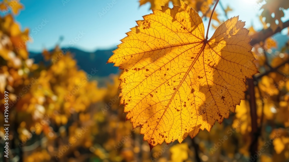 Fototapeta premium Golden Grape Leaf in Autumn Vineyard