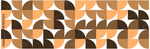 Geometric seamless pattern of semicircles in brown and beige tones on white background, abstract retro background.