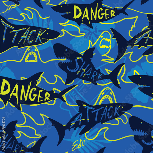 Abstract seamless pattern with shark silhouette, Big fish predator. Grunge modern background for boys and girls,  For prints, T-shirts, textiles,fabric, web. Urban dark wallpaper.