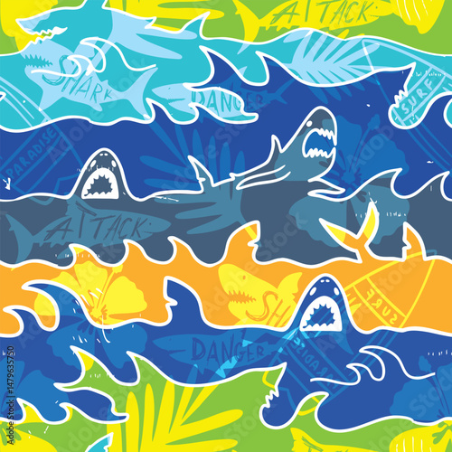 Abstract seamless pattern with shark silhouette, Big fish predator. Grunge modern background for boys and girls,  For prints, T-shirts, textiles,fabric, web. Urban dark wallpaper.