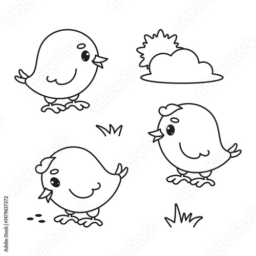 Cute Chicks in Nature Coloring Page Set. Vector Illustration